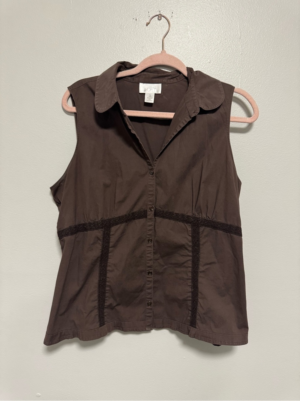 LOFT Brown Sleeveless Vest Button-Up Top